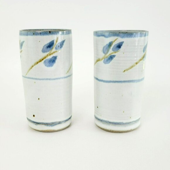 Handcrafted Ceramic Stoneware 16fl. oz. Tumblers or Vases (2), Blue Leaf, Signed - Picture 1 of 10